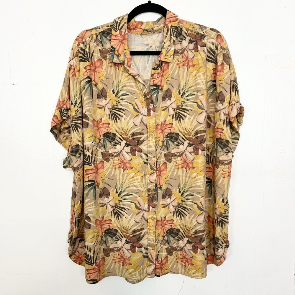 Tan Colorful Tropical Top Button Down Shirt Rolled Sleeve Viscose XXL 20